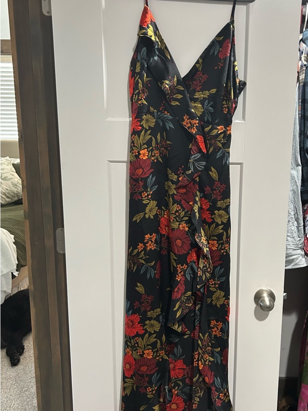Floral V-Neck Black Maxi Dress with Red & Green Print